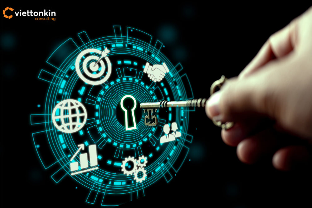 Hand holding a key unlocking digital icons of growth, strategy, and teamwork, symbolizing preparation as the key to a successful future in the pharmaceutical drug business