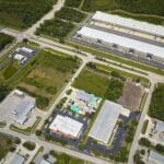 Industrial park warehouse aerial view