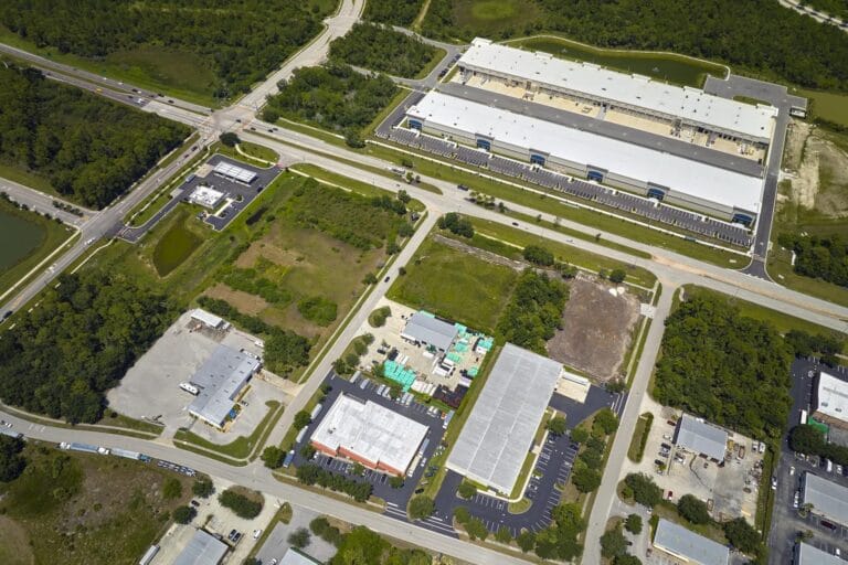 Industrial park warehouse aerial view
