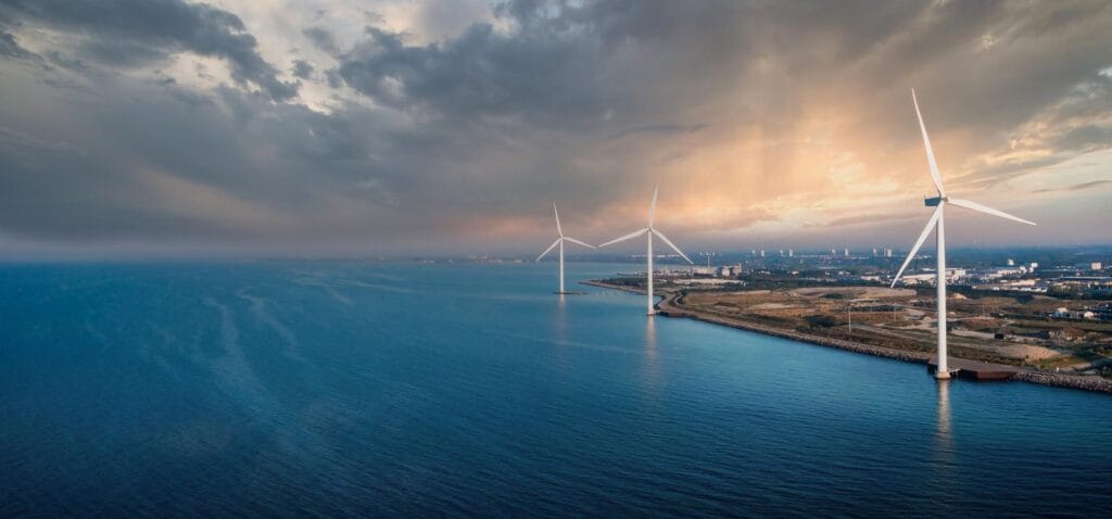 Wind farm sea aerial view