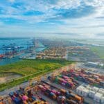 Container port in Vietnam handling the export cargo behind Q1 GDP growth