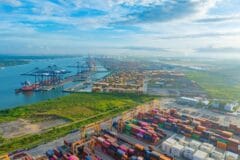 Container port in Vietnam handling the export cargo behind Q1 GDP growth