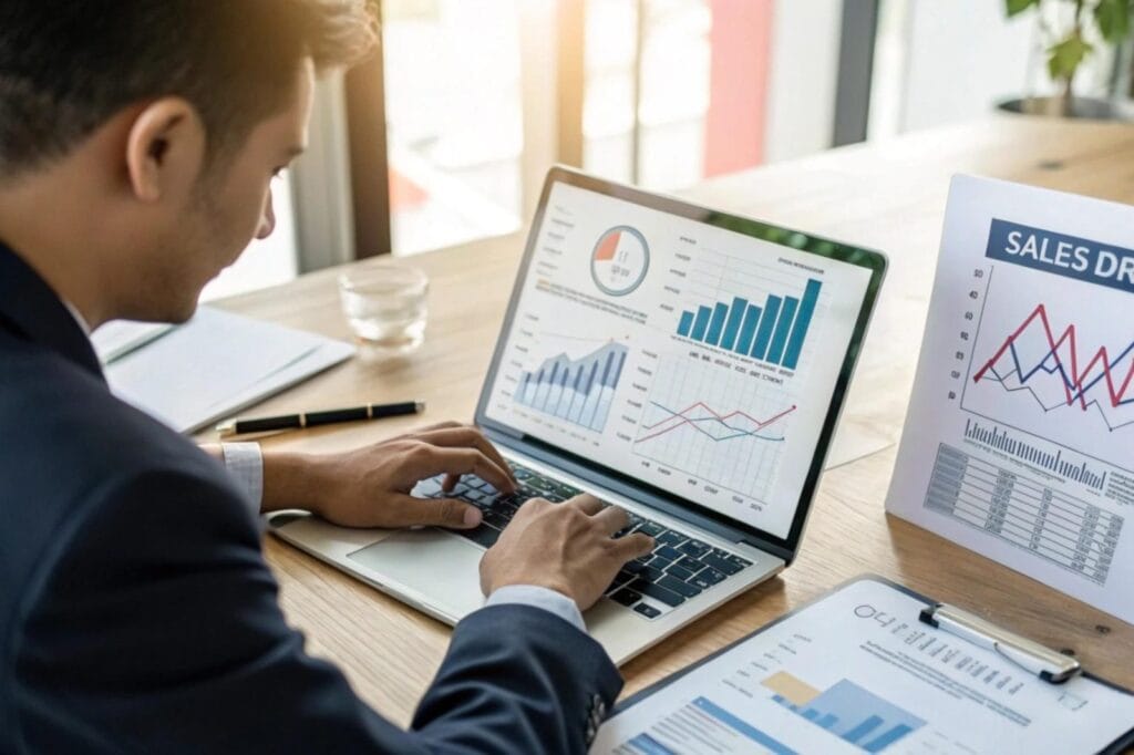 Analyst reviewing quarterly economic growth figures on screen