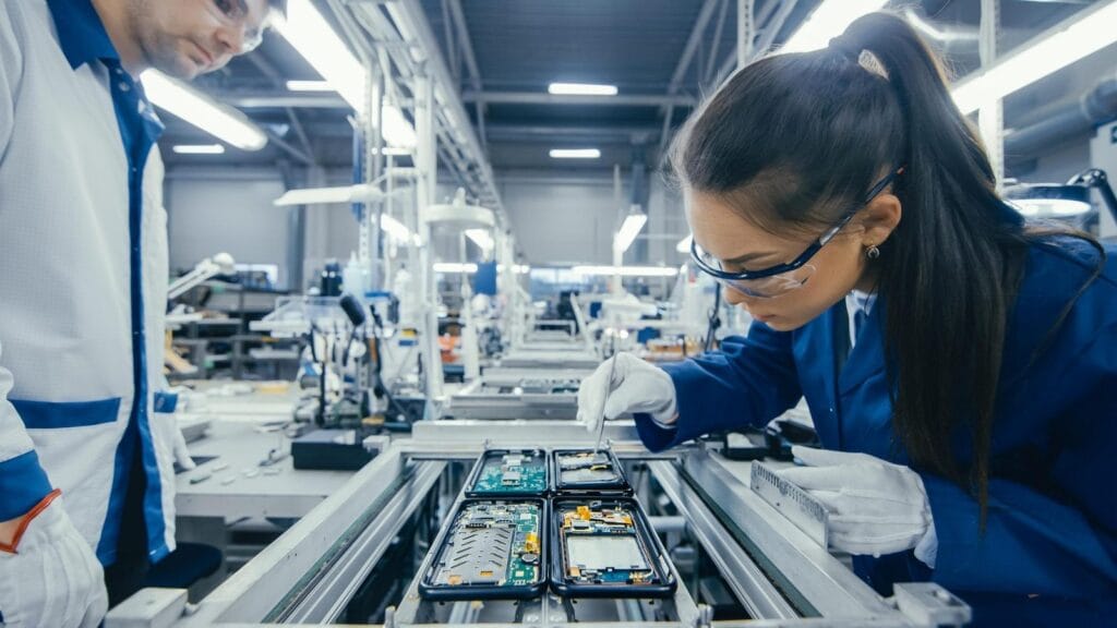 Electronics factory workers assembly in northern Vietnam's semiconductor supply chain